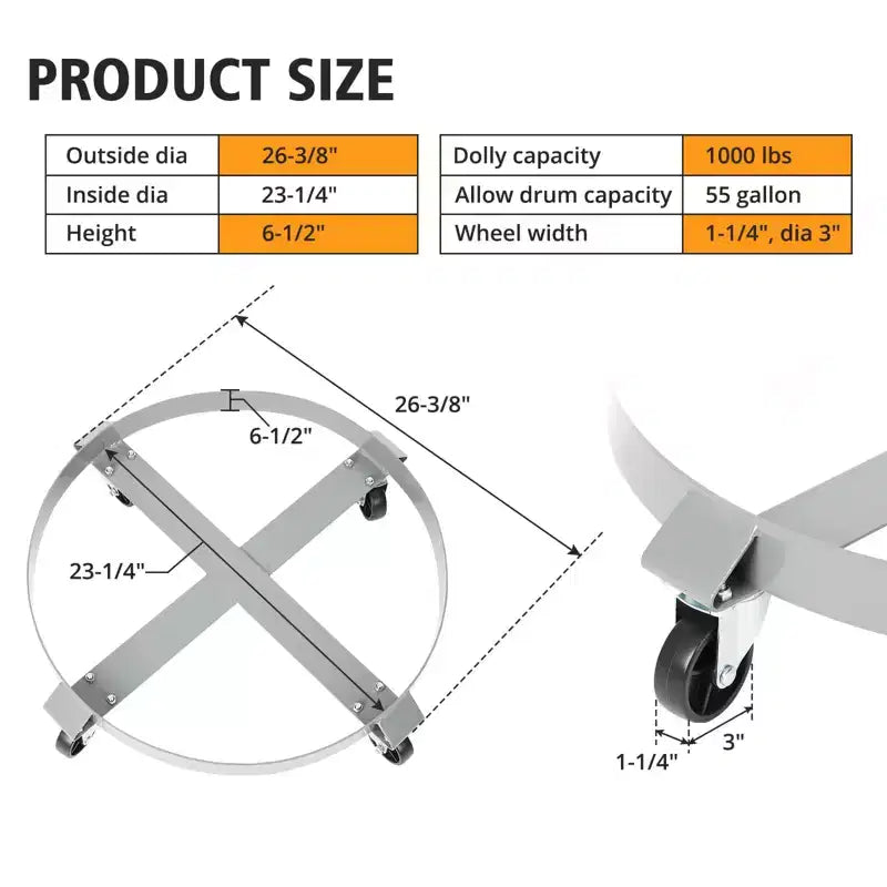 Chariot à fûts, chariot à 4 roues - Lot de 2 sans roulettes de frein, usage intensif pour l'industrie, les entrepôts, les usines