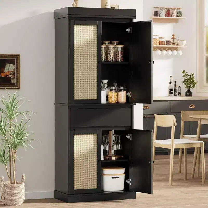 GustoWave Meuble de Rangement Salle de Bain, Armoire Haute avec Portes en Rotin et Étagères Réglables, Meuble Autonome avec Tiroir pour Cuisine, Noir