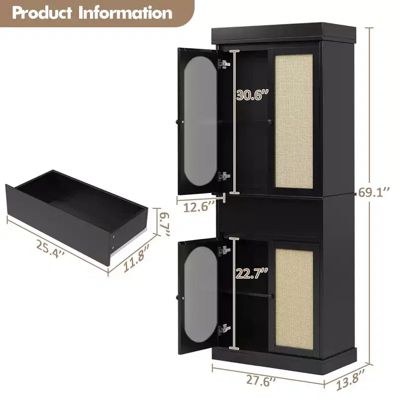 GustoWave Meuble de Rangement Salle de Bain, Armoire Haute avec Portes en Rotin et Étagères Réglables, Meuble Autonome avec Tiroir pour Cuisine, Noir