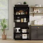 GustoWave Meuble de Rangement Salle de Bain, Armoire Haute avec Portes en Rotin et Étagères Réglables, Meuble Autonome avec Tiroir pour Cuisine, Noir