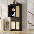GustoWave Meuble de Rangement Salle de Bain, Armoire Haute avec Portes en Rotin et Étagères Réglables, Meuble Autonome avec Tiroir pour Cuisine, Noir
