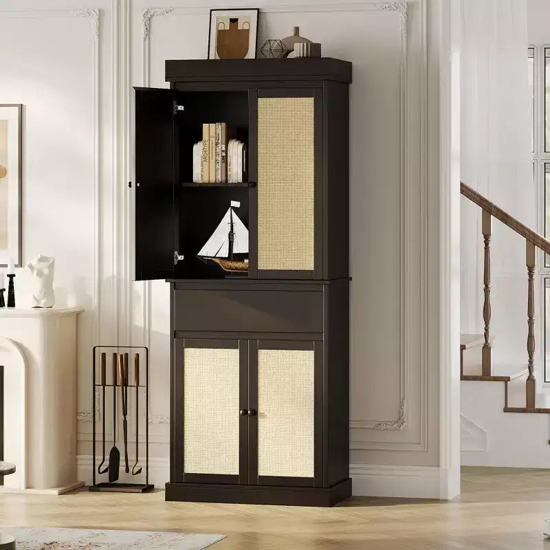 GustoWave Meuble de Rangement Salle de Bain, Armoire Haute avec Portes en Rotin et Étagères Réglables, Meuble Autonome avec Tiroir pour Cuisine, Noir