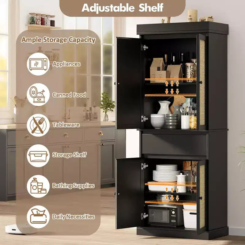 GustoWave Meuble de Rangement Salle de Bain, Armoire Haute avec Portes en Rotin et Étagères Réglables, Meuble Autonome avec Tiroir pour Cuisine, Noir