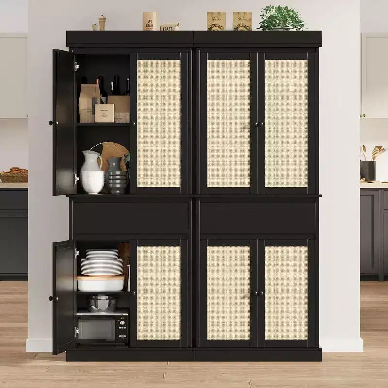 GustoWave Meuble de Rangement Salle de Bain, Armoire Haute avec Portes en Rotin et Étagères Réglables, Meuble Autonome avec Tiroir pour Cuisine, Noir