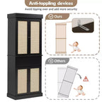 GustoWave Meuble de Rangement Salle de Bain, Armoire Haute avec Portes en Rotin et Étagères Réglables, Meuble Autonome avec Tiroir pour Cuisine, Noir