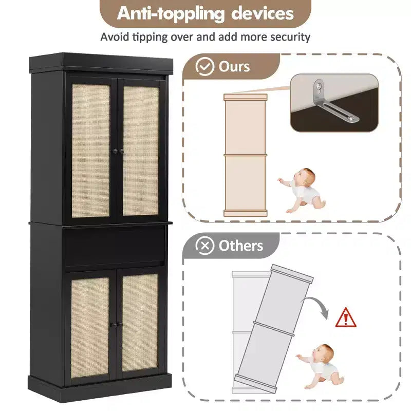 GustoWave Meuble de Rangement Salle de Bain, Armoire Haute avec Portes en Rotin et Étagères Réglables, Meuble Autonome avec Tiroir pour Cuisine, Noir