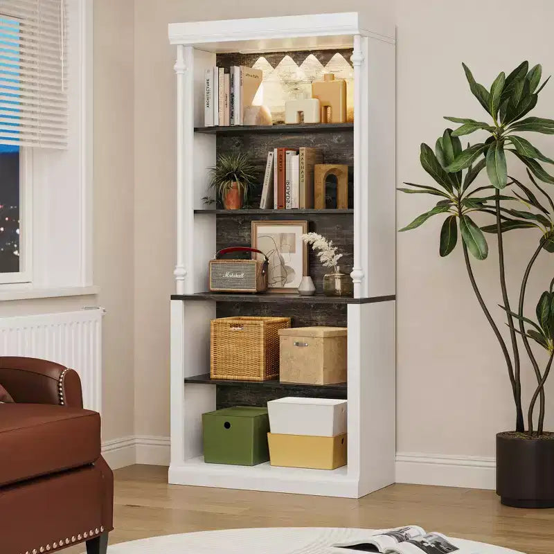 Bibliothèque haute de 180 cm, bibliothèque ouverte à 5 niveaux avec étagères réglables, organisateur de rangement en bois sur pied style colonne romaine