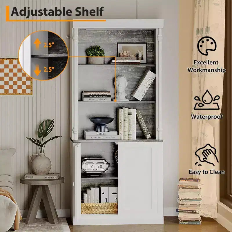 Bibliothèque haute de 180 cm, bibliothèque ouverte à 5 niveaux avec étagères réglables, organisateur de rangement en bois sur pied style colonne romaine