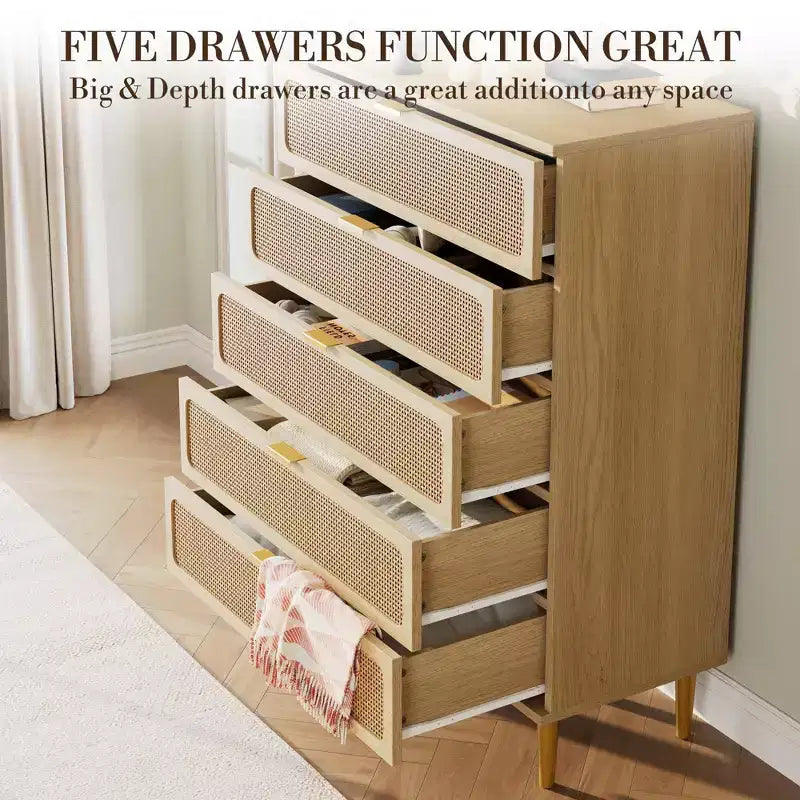 Commode à 5 tiroirs en rotin pour chambre à coucher, commode de rangement avec tiroirs profonds, grande commode double pour placard avec plateau large, grande commode en bois