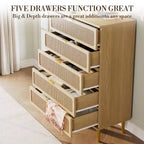 Commode à 5 tiroirs en rotin pour chambre à coucher, commode de rangement avec tiroirs profonds, grande commode double pour placard avec plateau large, grande commode en bois