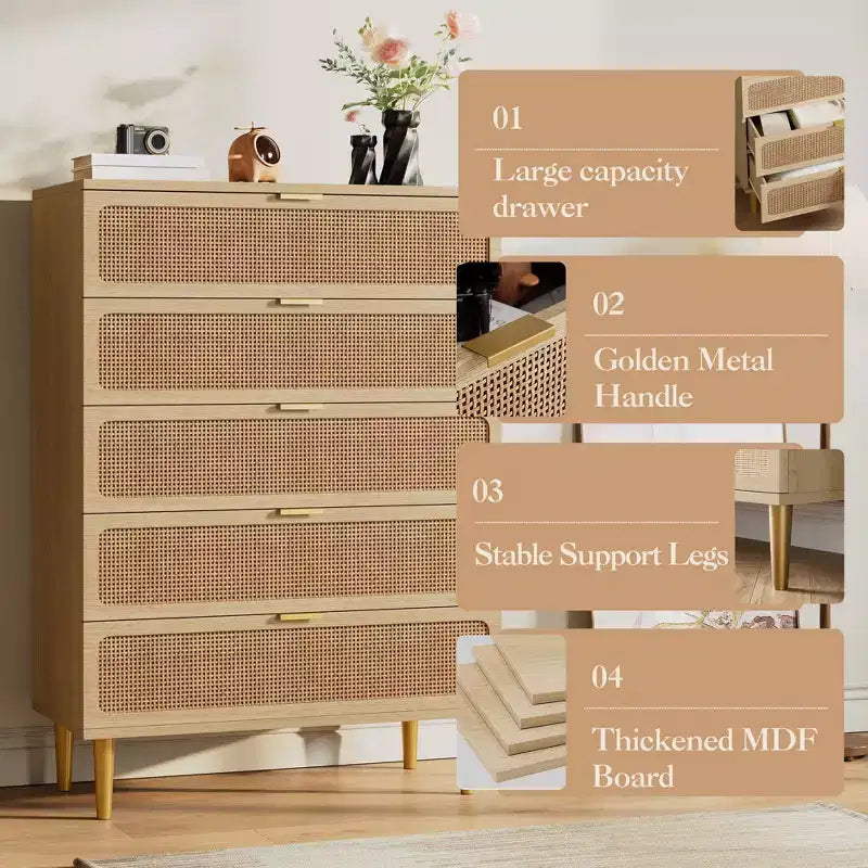Commode à 5 tiroirs en rotin pour chambre à coucher, commode de rangement avec tiroirs profonds, grande commode double pour placard avec plateau large, grande commode en bois
