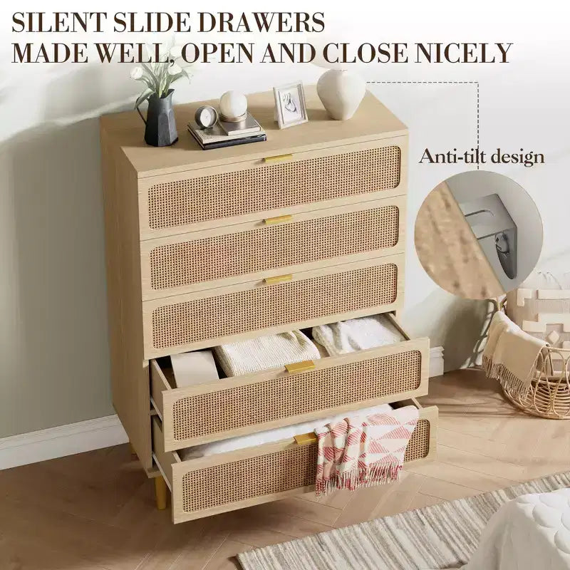Commode à 5 tiroirs en rotin pour chambre à coucher, commode de rangement avec tiroirs profonds, grande commode double pour placard avec plateau large, grande commode en bois