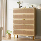 Commode à 5 tiroirs en rotin pour chambre à coucher, commode de rangement avec tiroirs profonds, grande commode double pour placard avec plateau large, grande commode en bois