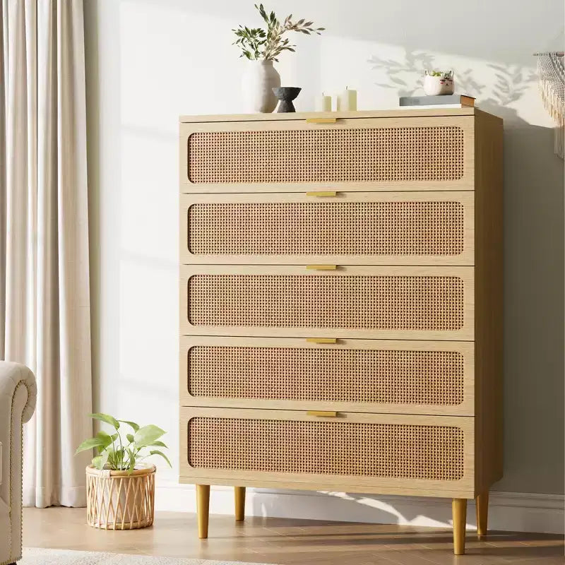 Commode à 5 tiroirs en rotin pour chambre à coucher, commode de rangement avec tiroirs profonds, grande commode double pour placard avec plateau large, grande commode en bois