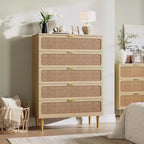 Commode à 5 tiroirs en rotin pour chambre à coucher, commode de rangement avec tiroirs profonds, grande commode double pour placard avec plateau large, grande commode en bois