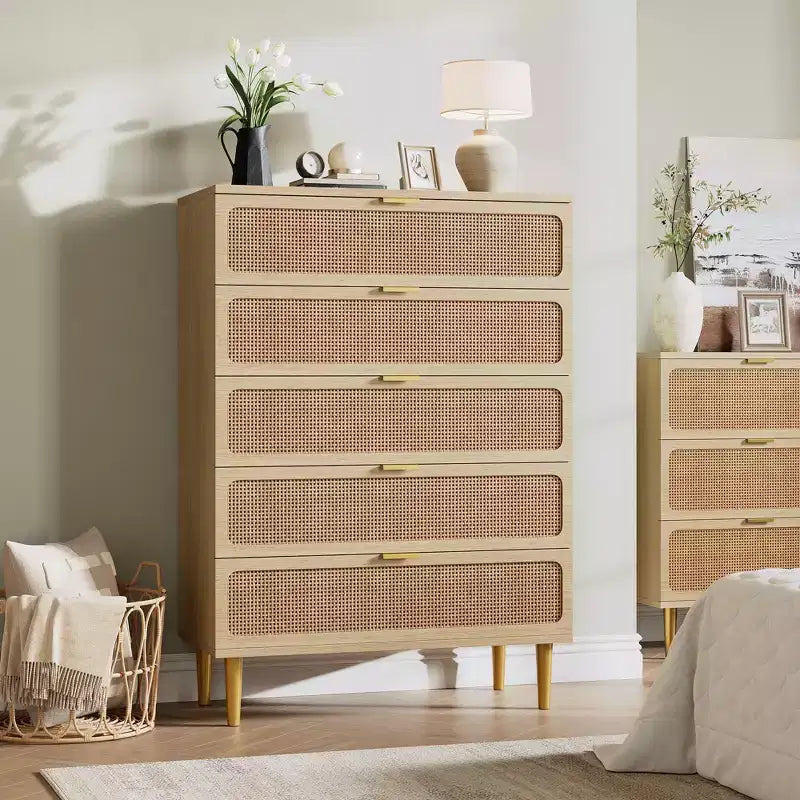 Commode à 5 tiroirs en rotin pour chambre à coucher, commode de rangement avec tiroirs profonds, grande commode double pour placard avec plateau large, grande commode en bois