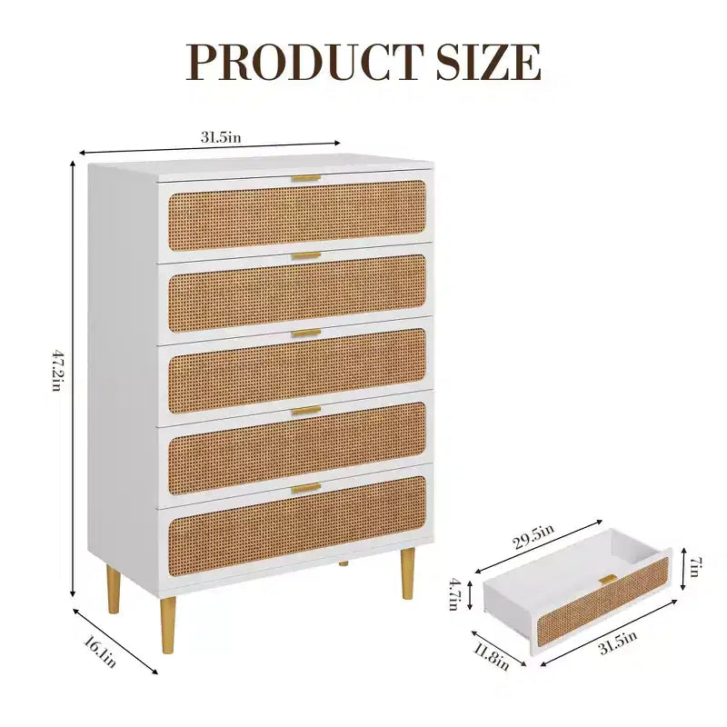 Commode à 5 tiroirs en rotin pour chambre à coucher, commode de rangement avec tiroirs profonds, grande commode double pour placard avec plateau large, grande commode en bois