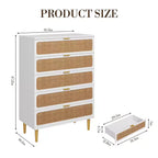 Commode à 5 tiroirs en rotin pour chambre à coucher, commode de rangement avec tiroirs profonds, grande commode double pour placard avec plateau large, grande commode en bois