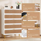 Commode à 5 tiroirs en rotin pour chambre à coucher, commode de rangement avec tiroirs profonds, grande commode double pour placard avec plateau large, grande commode en bois