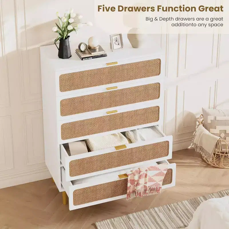 Commode à 5 tiroirs en rotin pour chambre à coucher, commode de rangement avec tiroirs profonds, grande commode double pour placard avec plateau large, grande commode en bois