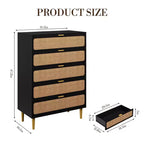 Commode à 5 tiroirs en rotin pour chambre à coucher, commode de rangement avec tiroirs profonds, grande commode double pour placard avec plateau large, grande commode en bois