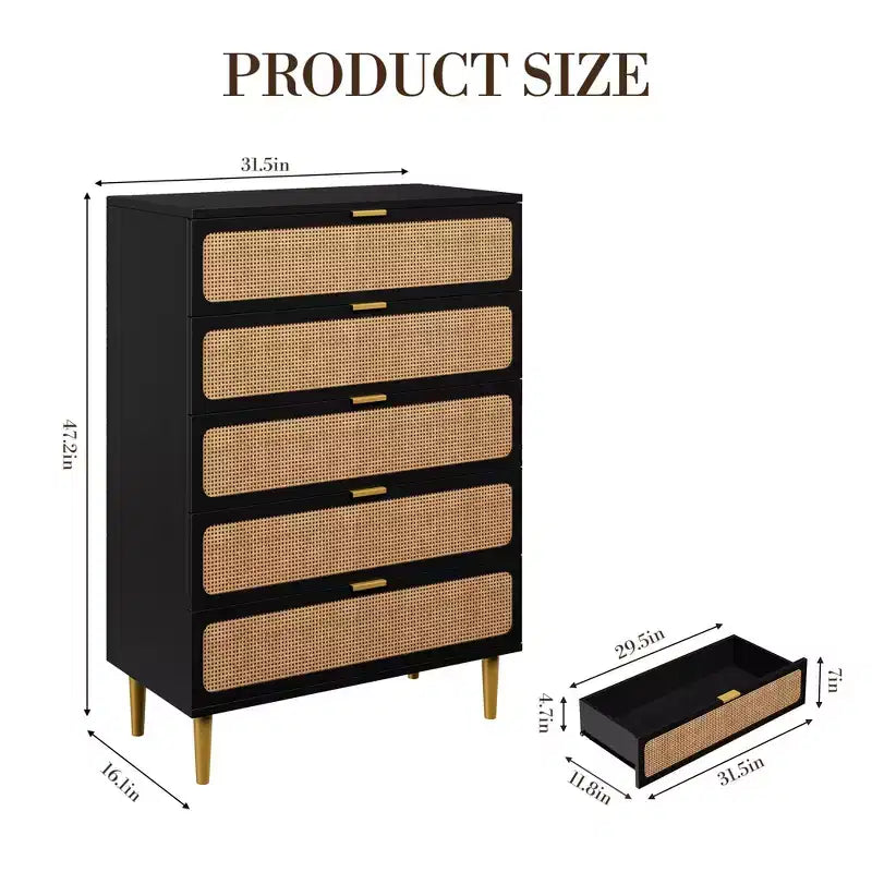Commode à 5 tiroirs en rotin pour chambre à coucher, commode de rangement avec tiroirs profonds, grande commode double pour placard avec plateau large, grande commode en bois