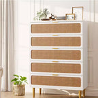 Commode à 5 tiroirs en rotin pour chambre à coucher, commode de rangement avec tiroirs profonds, grande commode double pour placard avec plateau large, grande commode en bois