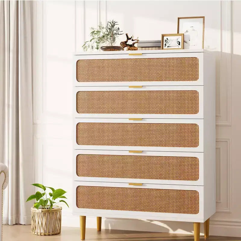 Commode à 5 tiroirs en rotin pour chambre à coucher, commode de rangement avec tiroirs profonds, grande commode double pour placard avec plateau large, grande commode en bois