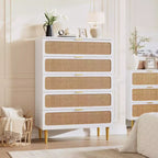 Commode à 5 tiroirs en rotin pour chambre à coucher, commode de rangement avec tiroirs profonds, grande commode double pour placard avec plateau large, grande commode en bois
