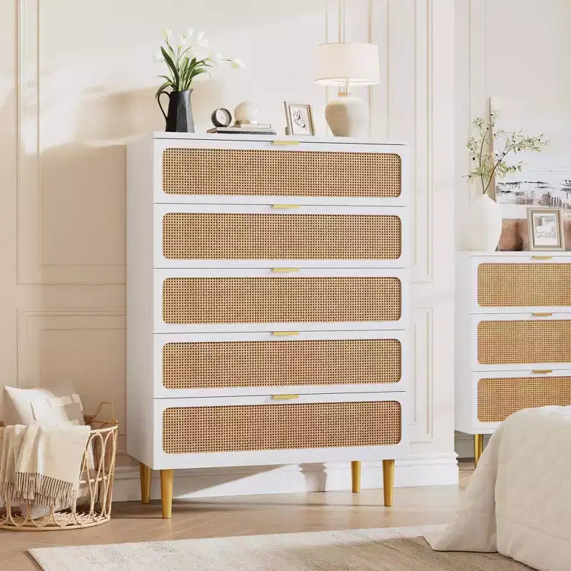 Commode à 5 tiroirs en rotin pour chambre à coucher, commode de rangement avec tiroirs profonds, grande commode double pour placard avec plateau large, grande commode en bois