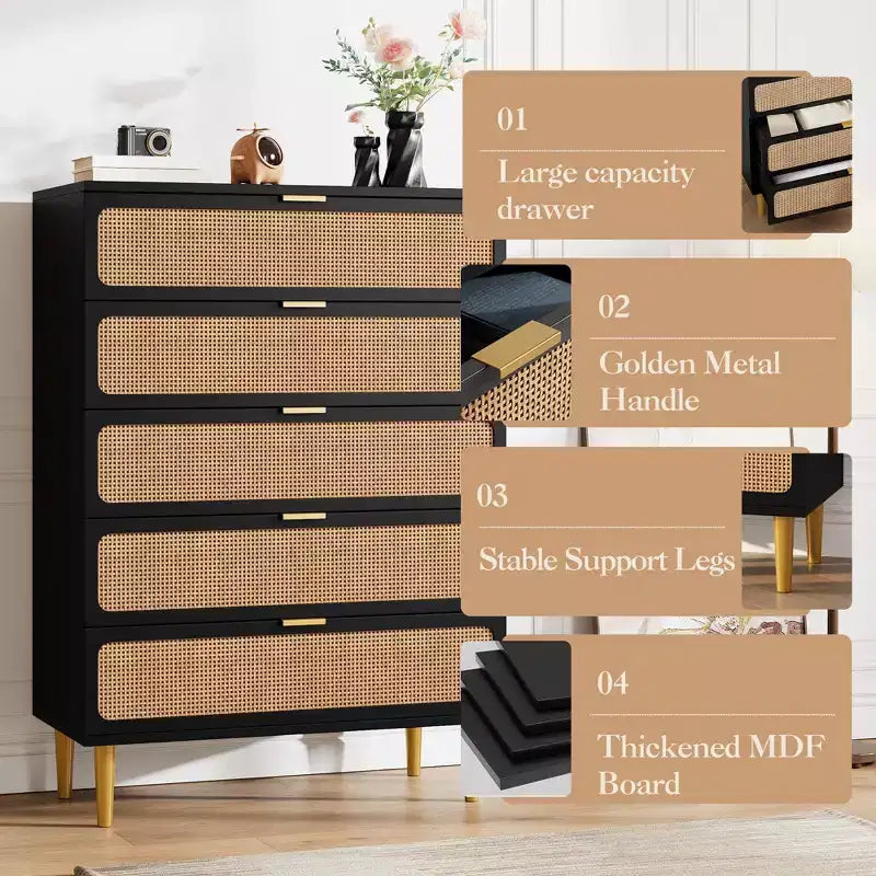 Commode à 5 tiroirs en rotin pour chambre à coucher, commode de rangement avec tiroirs profonds, grande commode double pour placard avec plateau large, grande commode en bois