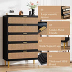 Commode à 5 tiroirs en rotin pour chambre à coucher, commode de rangement avec tiroirs profonds, grande commode double pour placard avec plateau large, grande commode en bois