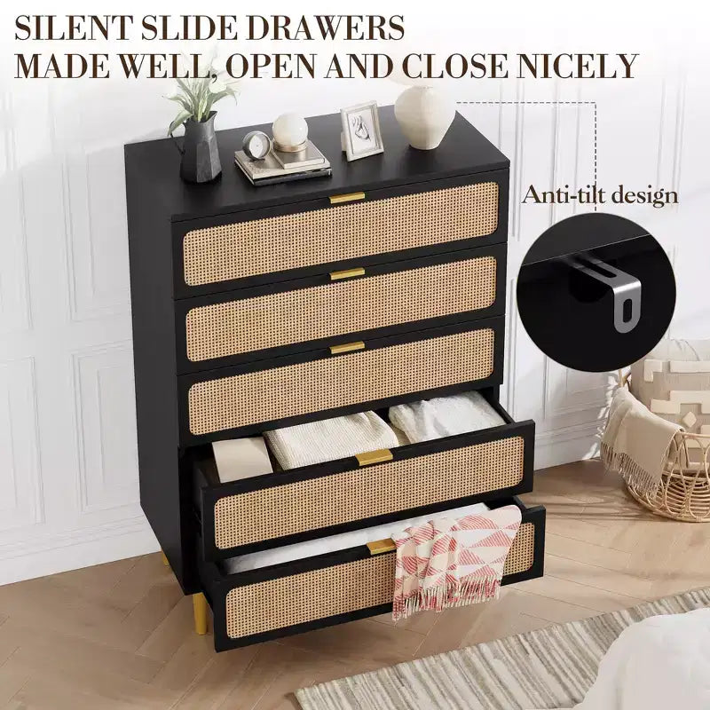 Commode à 5 tiroirs en rotin pour chambre à coucher, commode de rangement avec tiroirs profonds, grande commode double pour placard avec plateau large, grande commode en bois
