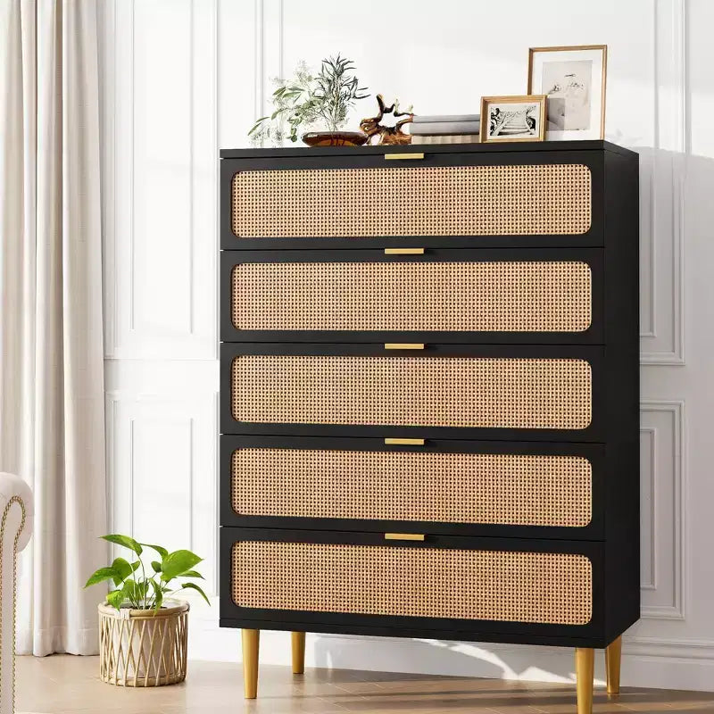 Commode à 5 tiroirs en rotin pour chambre à coucher, commode de rangement avec tiroirs profonds, grande commode double pour placard avec plateau large, grande commode en bois