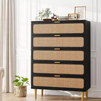 Commode à 5 tiroirs en rotin pour chambre à coucher, commode de rangement avec tiroirs profonds, grande commode double pour placard avec plateau large, grande commode en bois