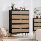 Commode à 5 tiroirs en rotin pour chambre à coucher, commode de rangement avec tiroirs profonds, grande commode double pour placard avec plateau large, grande commode en bois