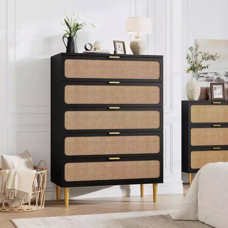 Commode à 5 tiroirs en rotin pour chambre à coucher, commode de rangement avec tiroirs profonds, grande commode double pour placard avec plateau large, grande commode en bois