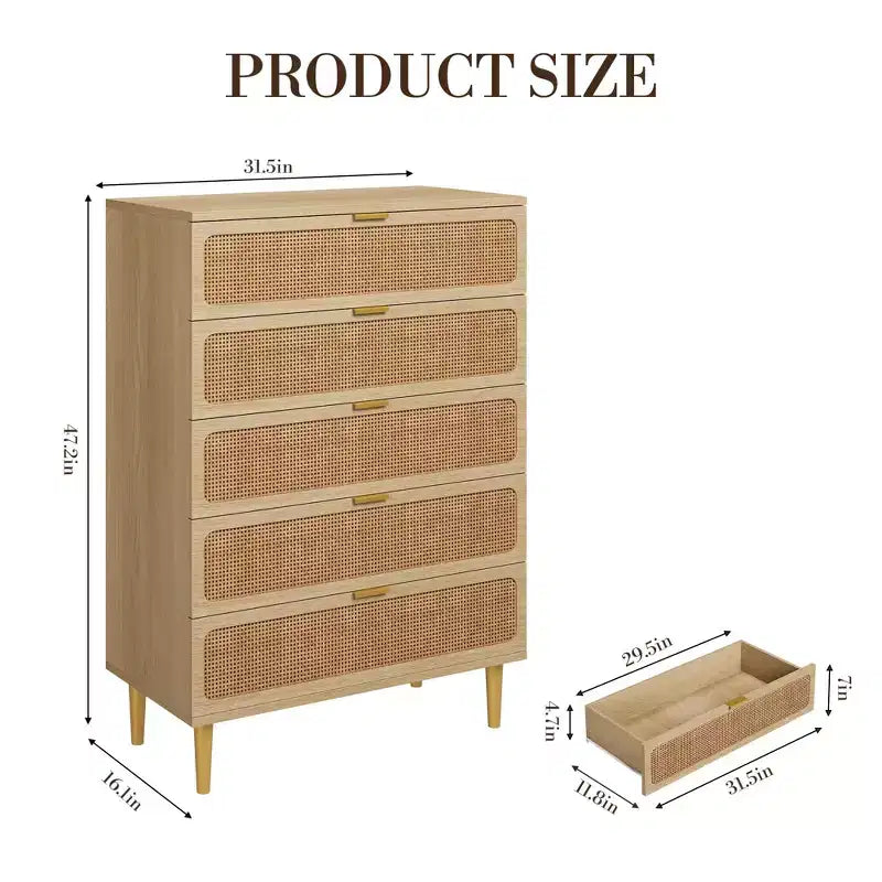 Commode à 5 tiroirs en rotin pour chambre à coucher, commode de rangement avec tiroirs profonds, grande commode double pour placard avec plateau large, grande commode en bois