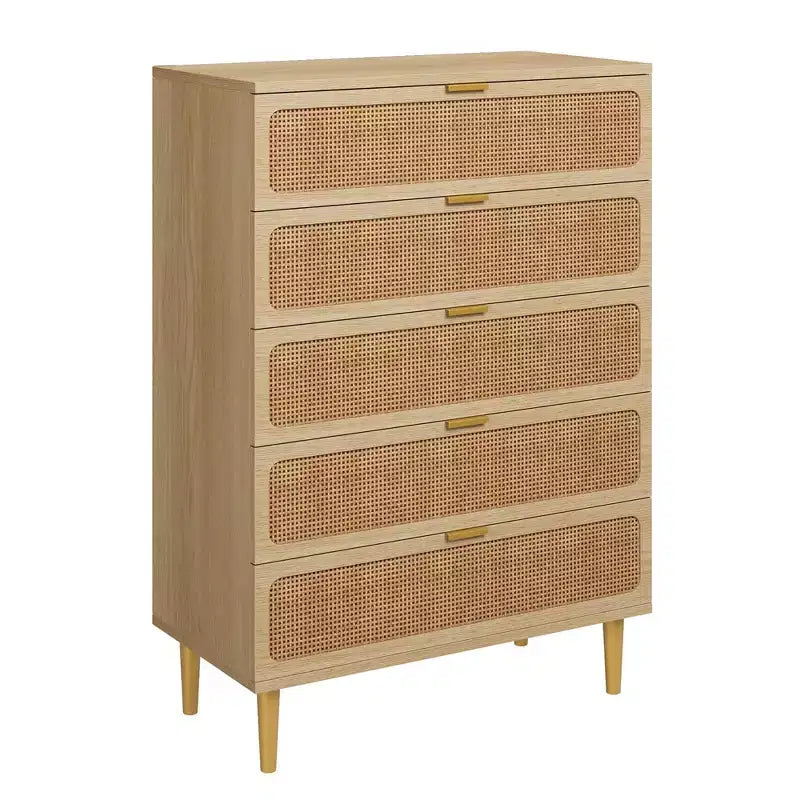Commode à 5 tiroirs en rotin pour chambre à coucher, commode de rangement avec tiroirs profonds, grande commode double pour placard avec plateau large, grande commode en bois