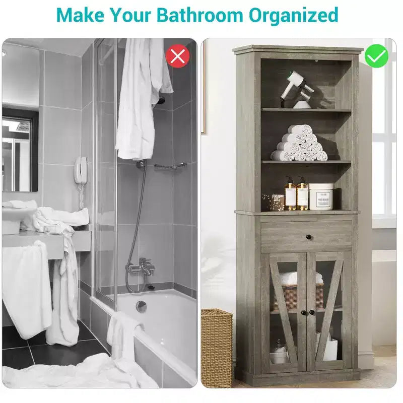 Armoire de rangement haute, bibliothèque avec étagères réglables, armoire de style ferme pour salon, salle de bain, grise