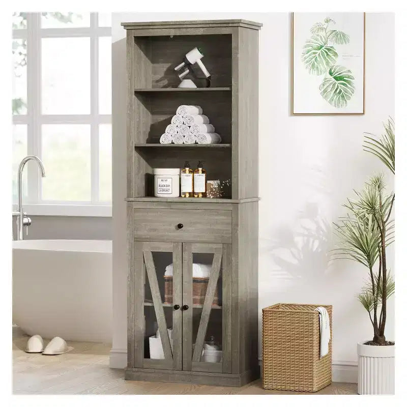 Armoire de rangement haute, bibliothèque avec étagères réglables, armoire de style ferme pour salon, salle de bain, grise