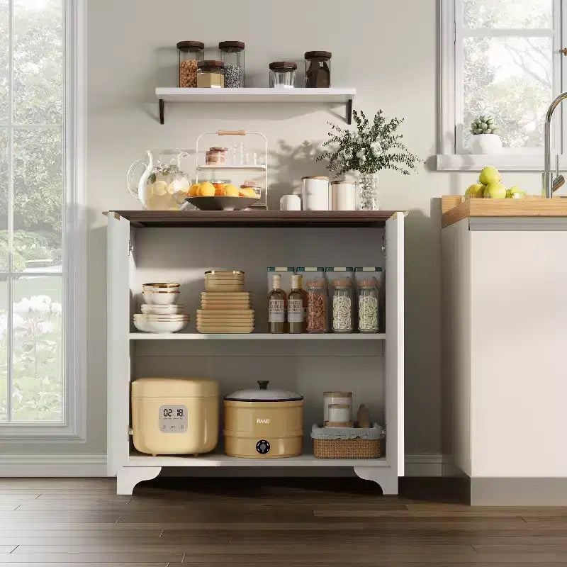 Bahut de Rangement Buffet avec Rainures, Armoire de Rangement de Cuisine à 2 Portes, Meuble Buffet Bar à Café avec Étagères Réglables