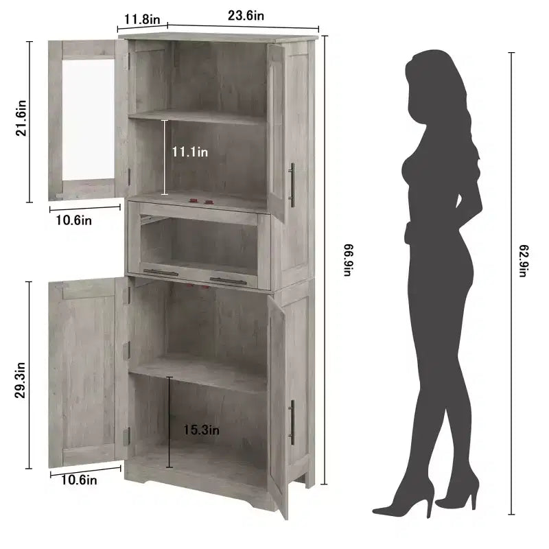 Meuble Colonne de Salle de Bain Haute GustoWave, Meuble de Rangement sur Pied avec Portes en Verre et Étagères et Tiroirs Réglables, Colonne de 170 cm pour Cuisine