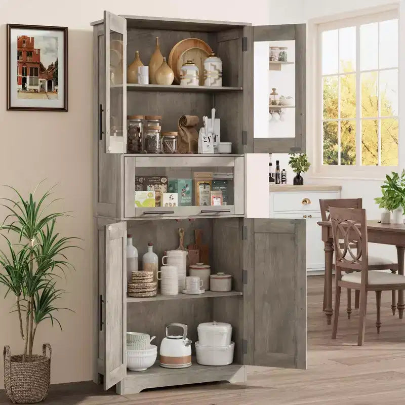 Meuble Colonne de Salle de Bain Haute GustoWave, Meuble de Rangement sur Pied avec Portes en Verre et Étagères et Tiroirs Réglables, Colonne de 170 cm pour Cuisine