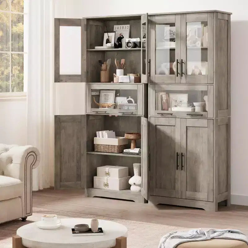 Meuble Colonne de Salle de Bain Haute GustoWave, Meuble de Rangement sur Pied avec Portes en Verre et Étagères et Tiroirs Réglables, Colonne de 170 cm pour Cuisine