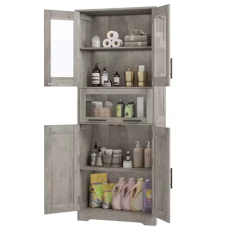 Meuble Colonne de Salle de Bain Haute GustoWave, Meuble de Rangement sur Pied avec Portes en Verre et Étagères et Tiroirs Réglables, Colonne de 170 cm pour Cuisine