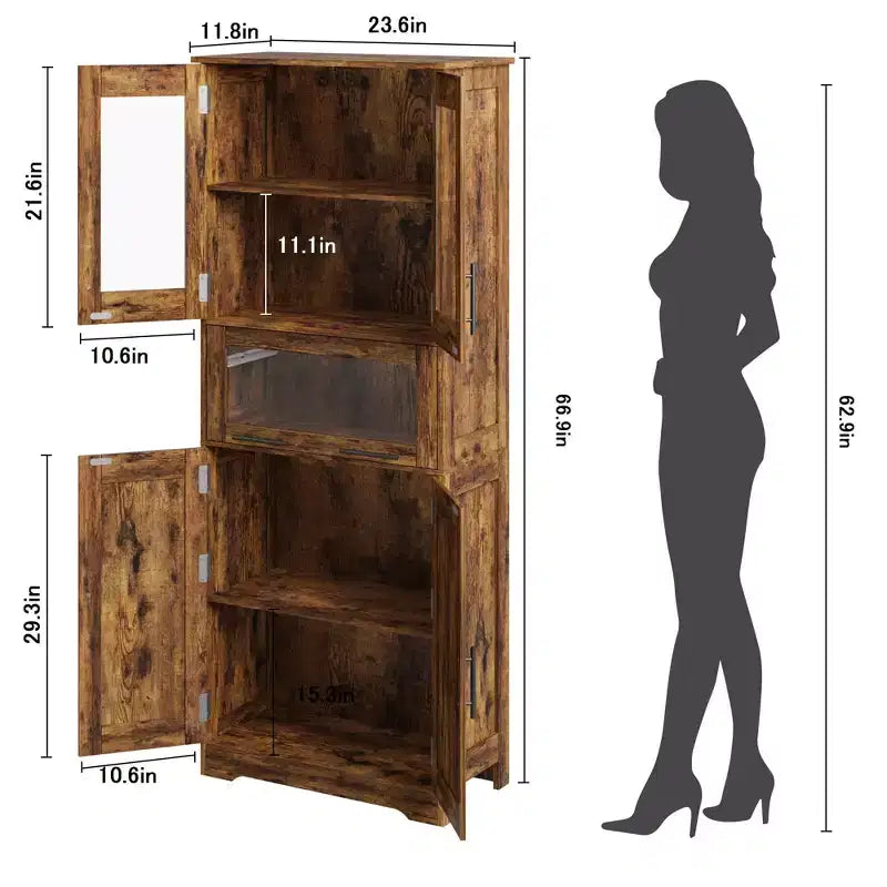 Meuble Colonne de Salle de Bain Haute GustoWave, Meuble de Rangement sur Pied avec Portes en Verre et Étagères et Tiroirs Réglables, Colonne de 170 cm pour Cuisine