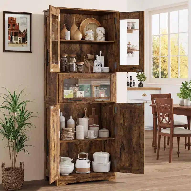 Meuble Colonne de Salle de Bain Haute GustoWave, Meuble de Rangement sur Pied avec Portes en Verre et Étagères et Tiroirs Réglables, Colonne de 170 cm pour Cuisine