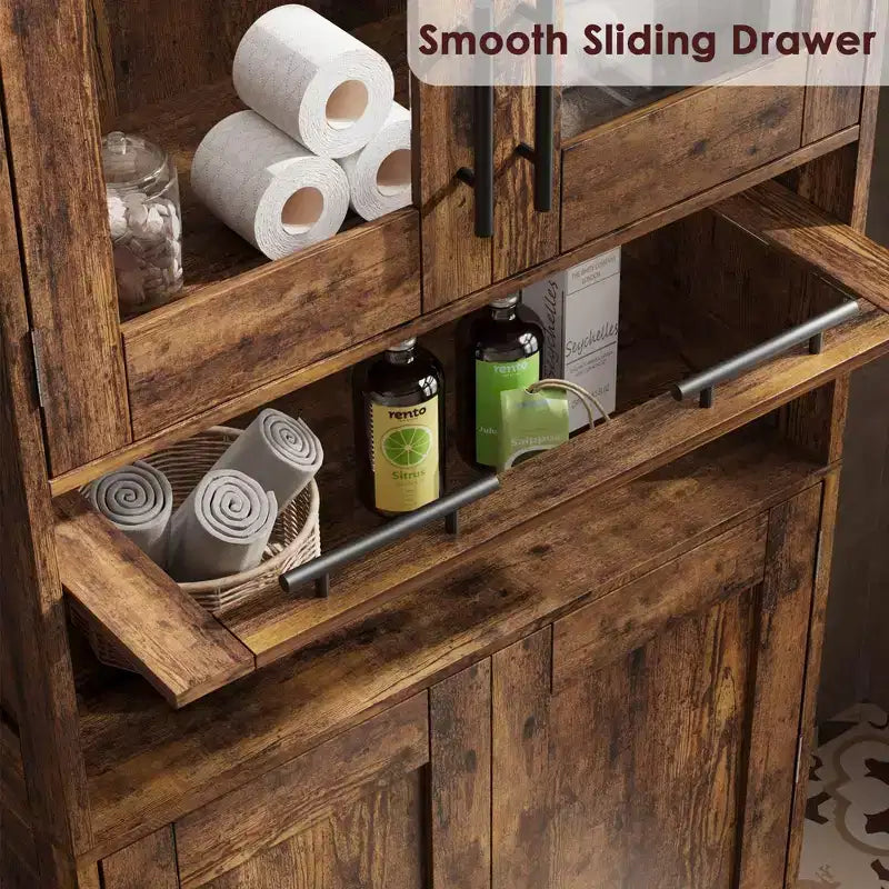 Meuble Colonne de Salle de Bain Haute GustoWave, Meuble de Rangement sur Pied avec Portes en Verre et Étagères et Tiroirs Réglables, Colonne de 170 cm pour Cuisine