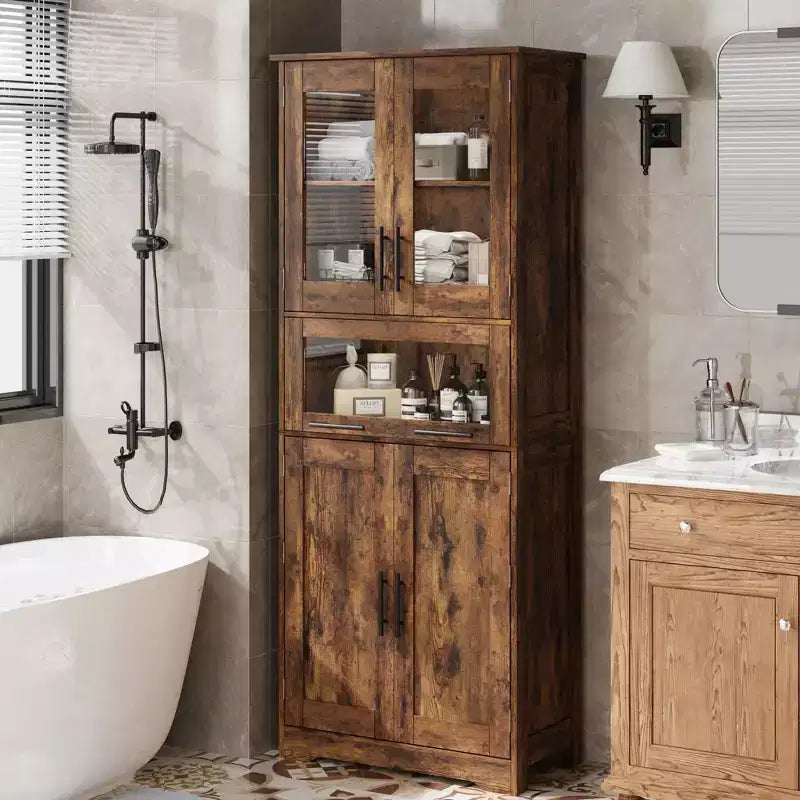 Meuble Colonne de Salle de Bain Haute GustoWave, Meuble de Rangement sur Pied avec Portes en Verre et Étagères et Tiroirs Réglables, Colonne de 170 cm pour Cuisine